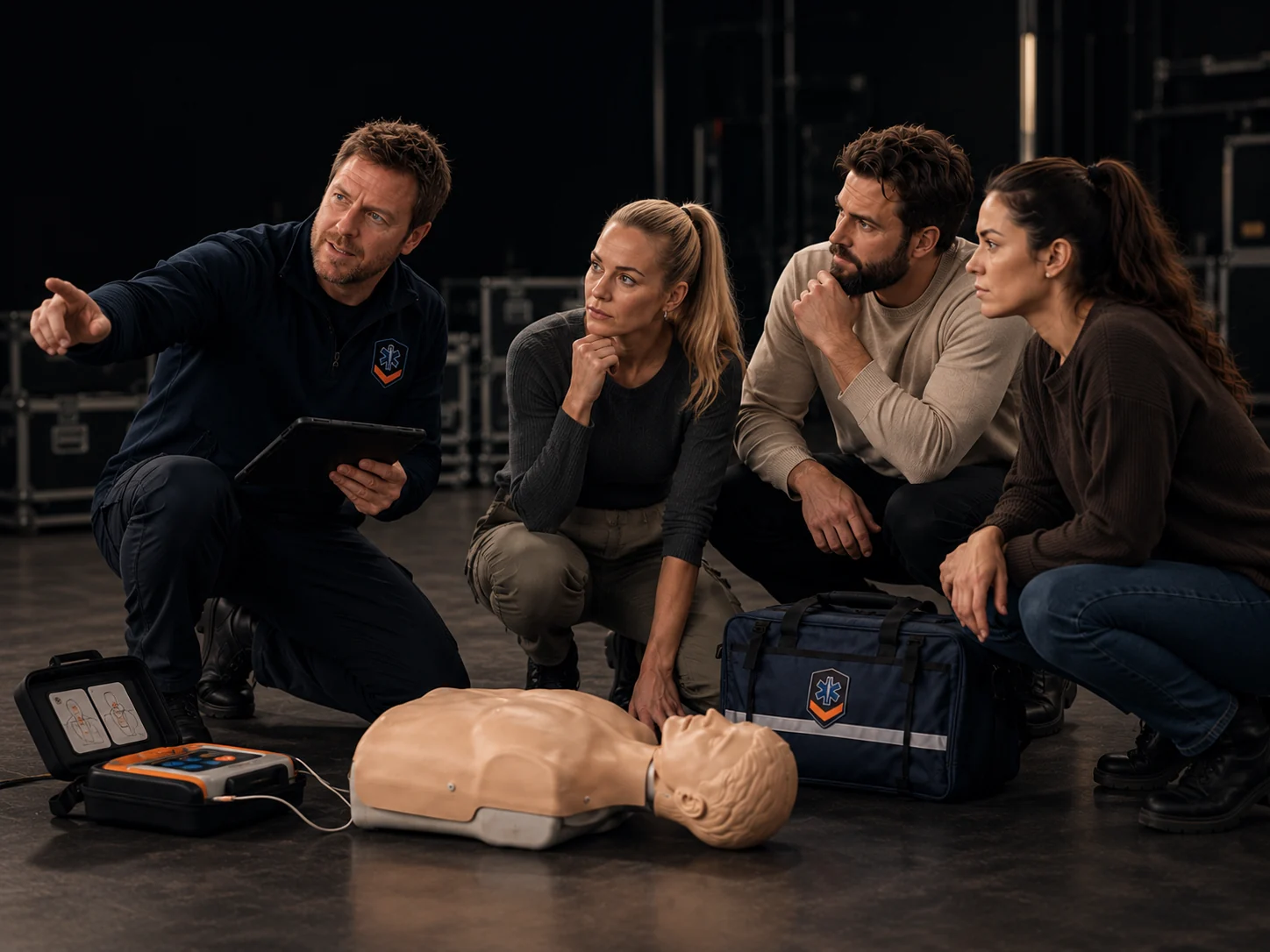 Een instructeur bespreekt een scenario met drie aandachtige deelnemers tijdens een praktische eerstehulptraining, bij een reanimatiepop en een AED.